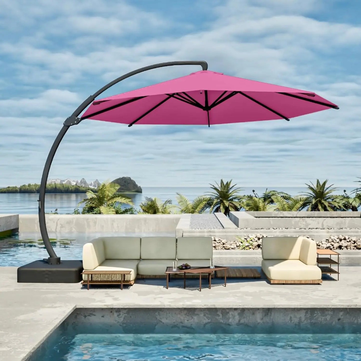 11FT Cantilever Umbrella with Base Large Curvy Outdoor Aluminum Offset Umbrella w/ 360° Rotation, UV Resistant Canopy for Patio,