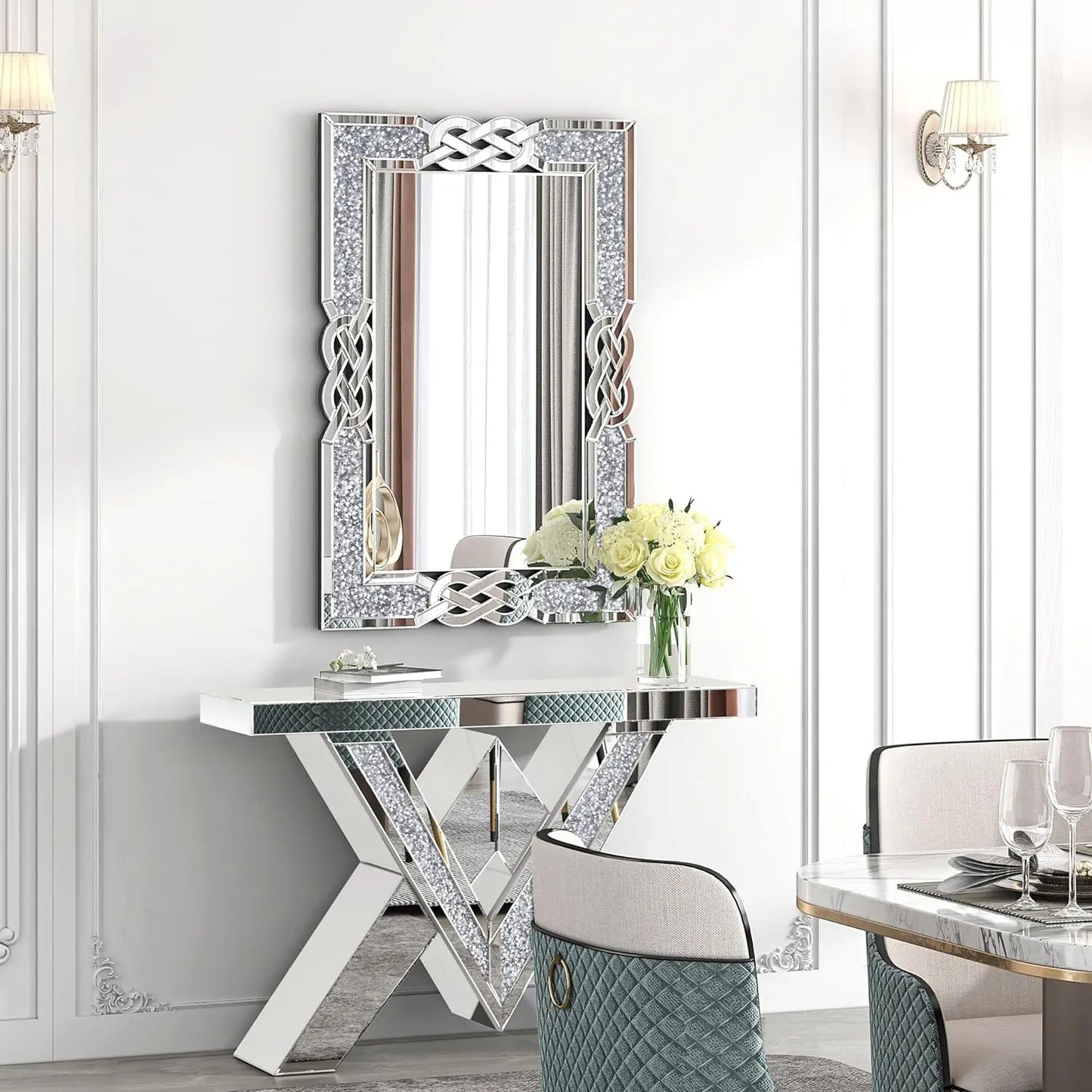 90/100/120CM Large Crystal Crush Diamond Mirror Vanity Silver Decorative Wall Hang Mirror for Bedroom Hallway Living Room