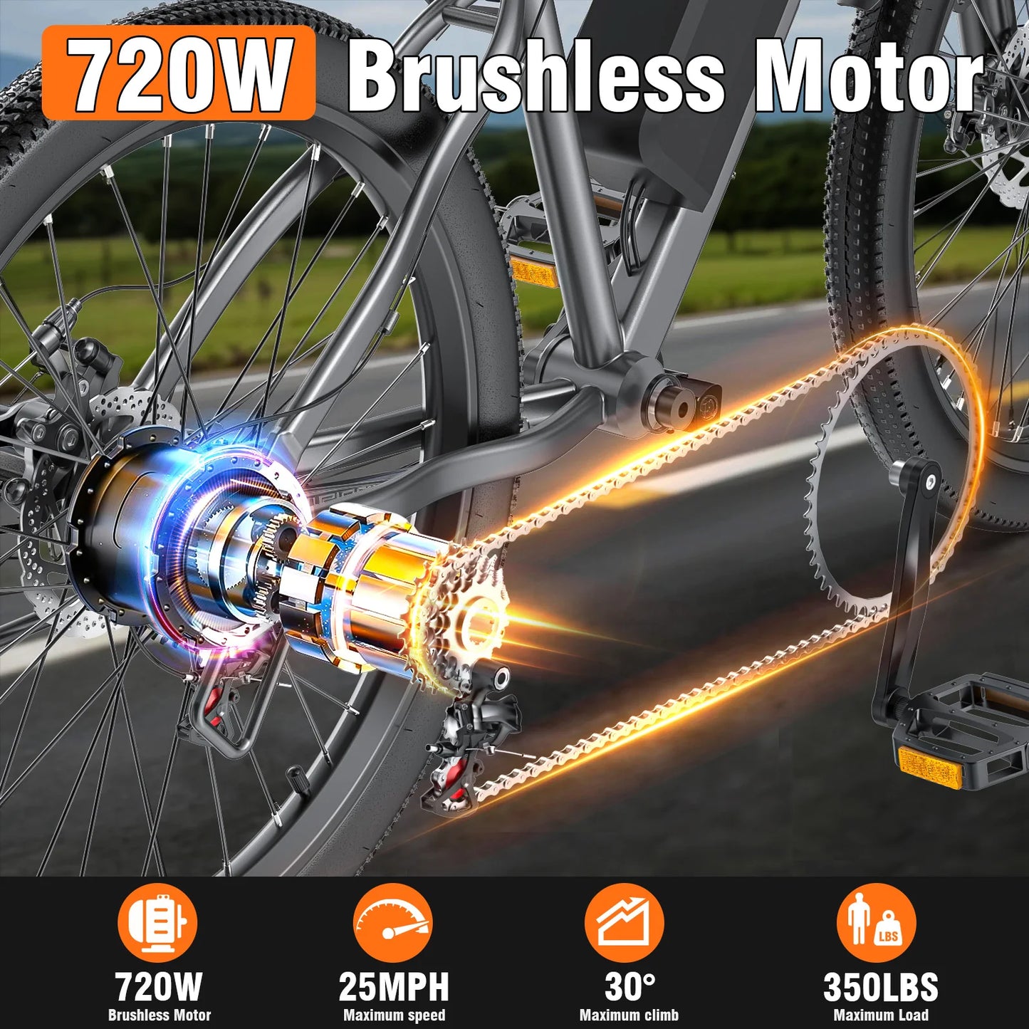 Electric Bike for Adults, 26" Commuter Ebikes with 5-Level Pedal Assist & 7-Speed Gears, 25MPH, 720W Motor, 375Wh Battery, 50 Mi