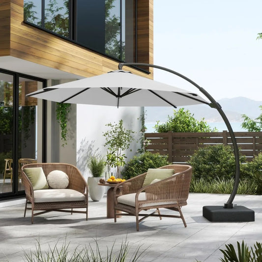 11FT Cantilever Umbrella with Base Large Curvy Outdoor Aluminum Offset Umbrella w/ 360° Rotation, UV Resistant Canopy for Patio,