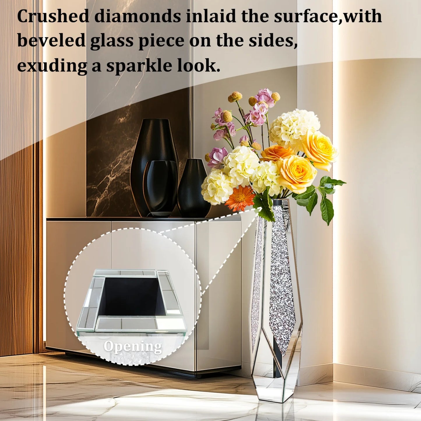 2 Shapes 68CM Crushed Diamond Decorative Mirrored Floor Vase Crystal Silver Glass Flower Vase for Pampas Grass Artificial Flower