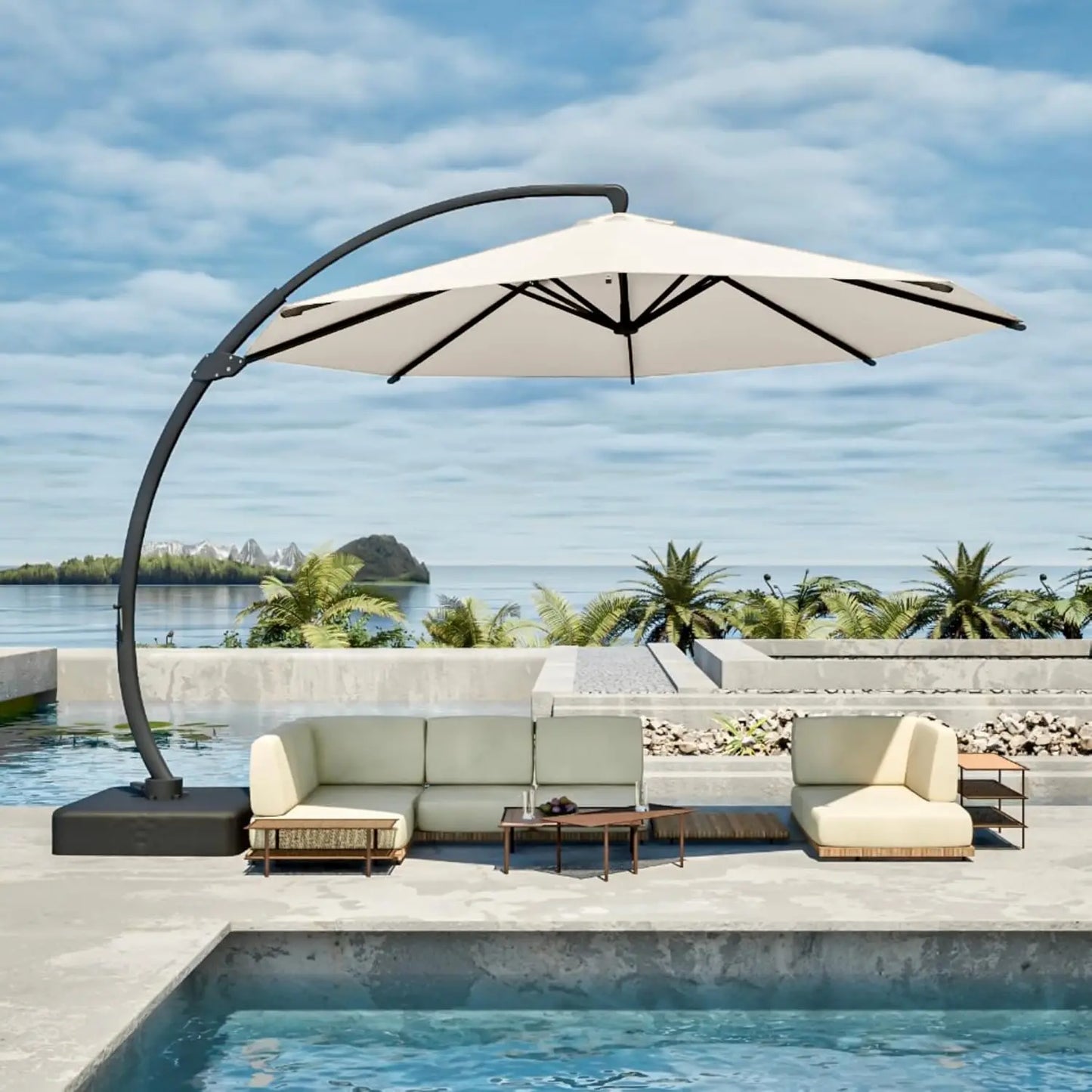 11FT Cantilever Umbrella with Base Large Curvy Outdoor Aluminum Offset Umbrella w/ 360° Rotation, UV Resistant Canopy for Patio,