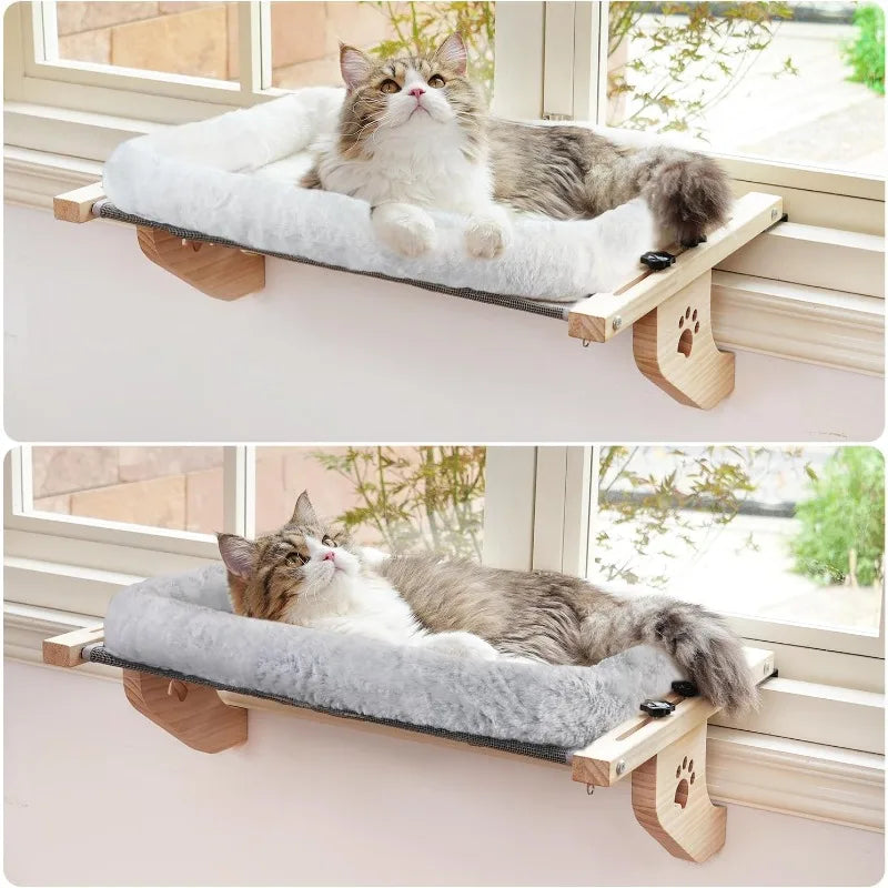 Cat Sill Window Perch Sturdy Hammock Window Seat with Cushion Bed Cover, Wood & Metal Frame for Large Cats, Easy to Adj