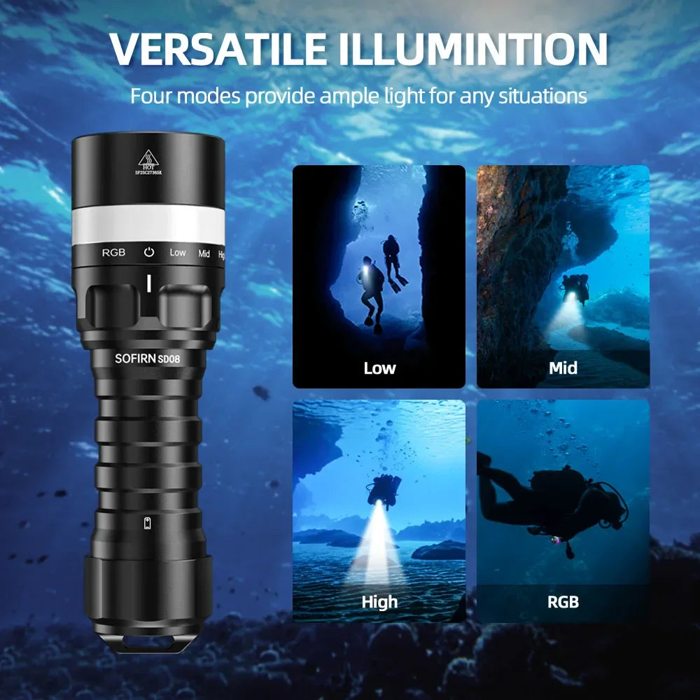 Sofirn SD08 Scuba 3200lm Diving Flashlight SST70 LED 21700 Rechargeable Torch With 360° RGB light underwater positioning