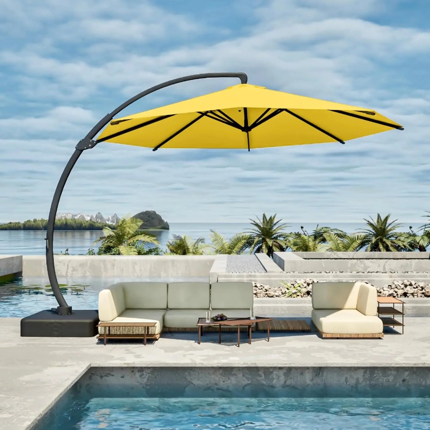 11FT Cantilever Umbrella with Base Large Curvy Outdoor Aluminum Offset Umbrella w/ 360° Rotation, UV Resistant Canopy for Patio,