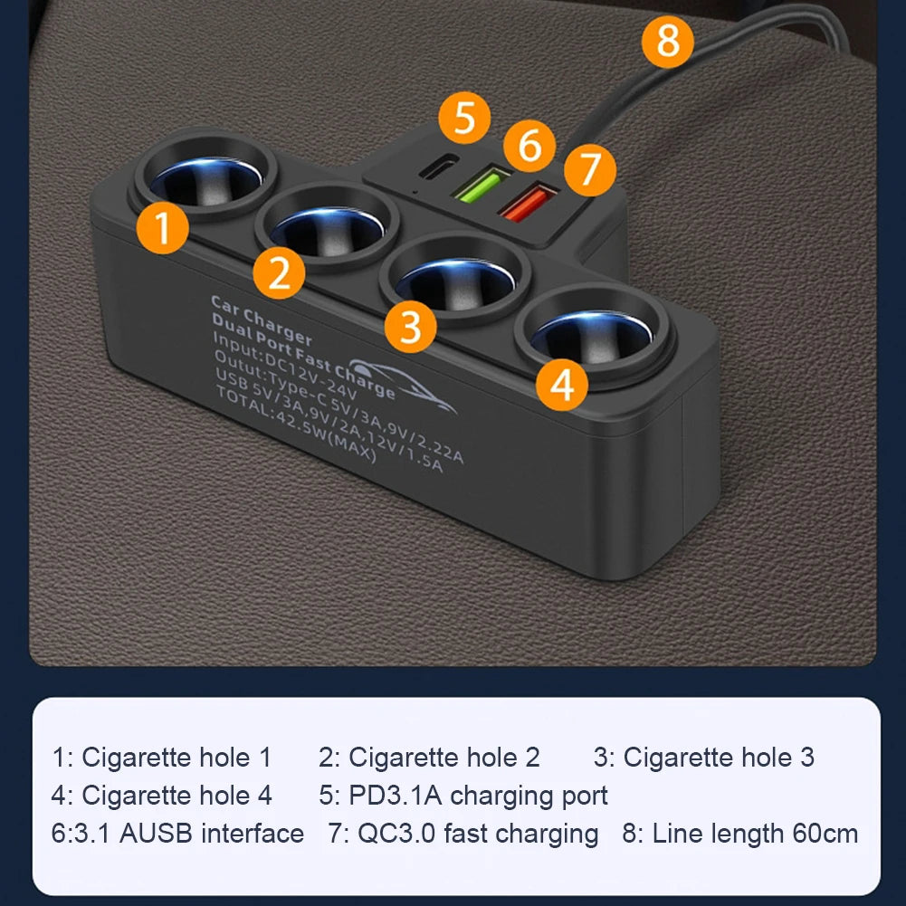 Fast Charger Plug QC3.0+PD 3.1A 12V-24V Phone Power Adapter 4-Socket 120W Car Cigarette Lighter Socket Splitter Plug 3 USB Ports