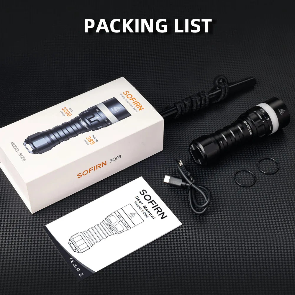 Sofirn SD08 Scuba 3200lm Diving Flashlight SST70 LED 21700 Rechargeable Torch With 360° RGB light underwater positioning