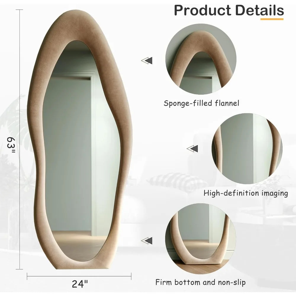 63x24 inch full-length mirror, irregular wave mirror hanging or leaning against the wall in the dressing room/bedroom