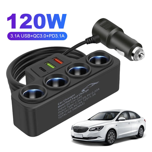 Fast Charger Plug QC3.0+PD 3.1A 12V-24V Phone Power Adapter 4-Socket 120W Car Cigarette Lighter Socket Splitter Plug 3 USB Ports