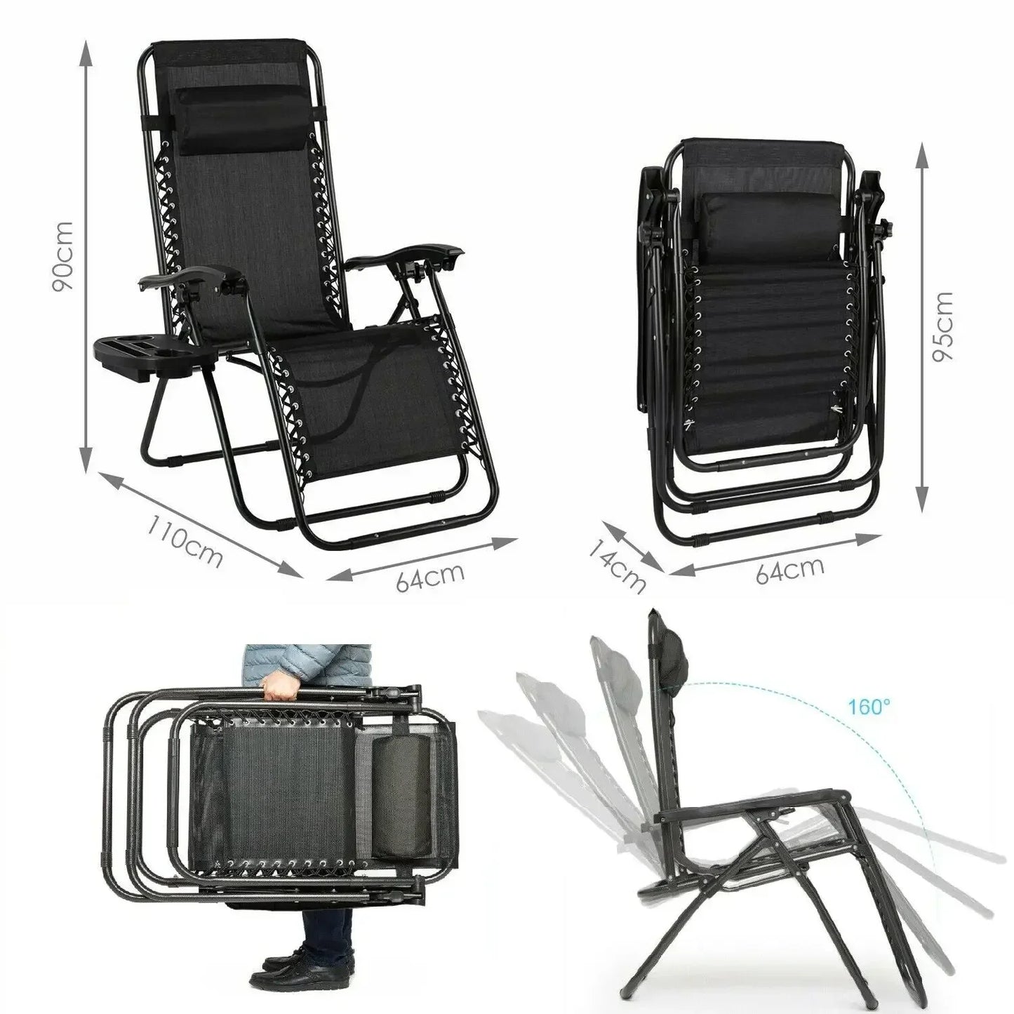 2Pcs Outdoor Foldable Chair, Zero Gravity Chair with Armrest, Cup Holder, Folding Chair Camping Lounge Patio Lawn Recliner