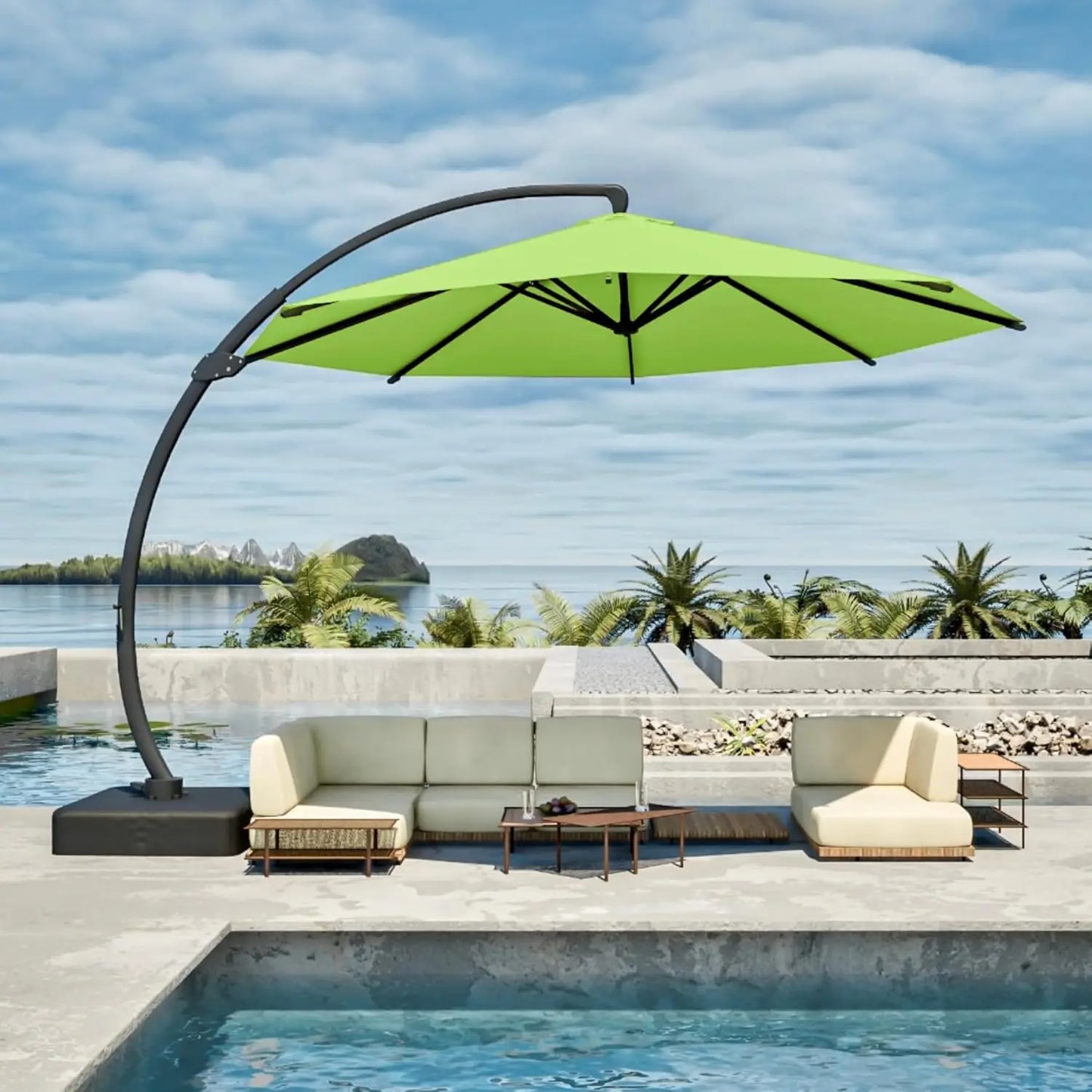 11FT Cantilever Umbrella with Base Large Curvy Outdoor Aluminum Offset Umbrella w/ 360° Rotation, UV Resistant Canopy for Patio,