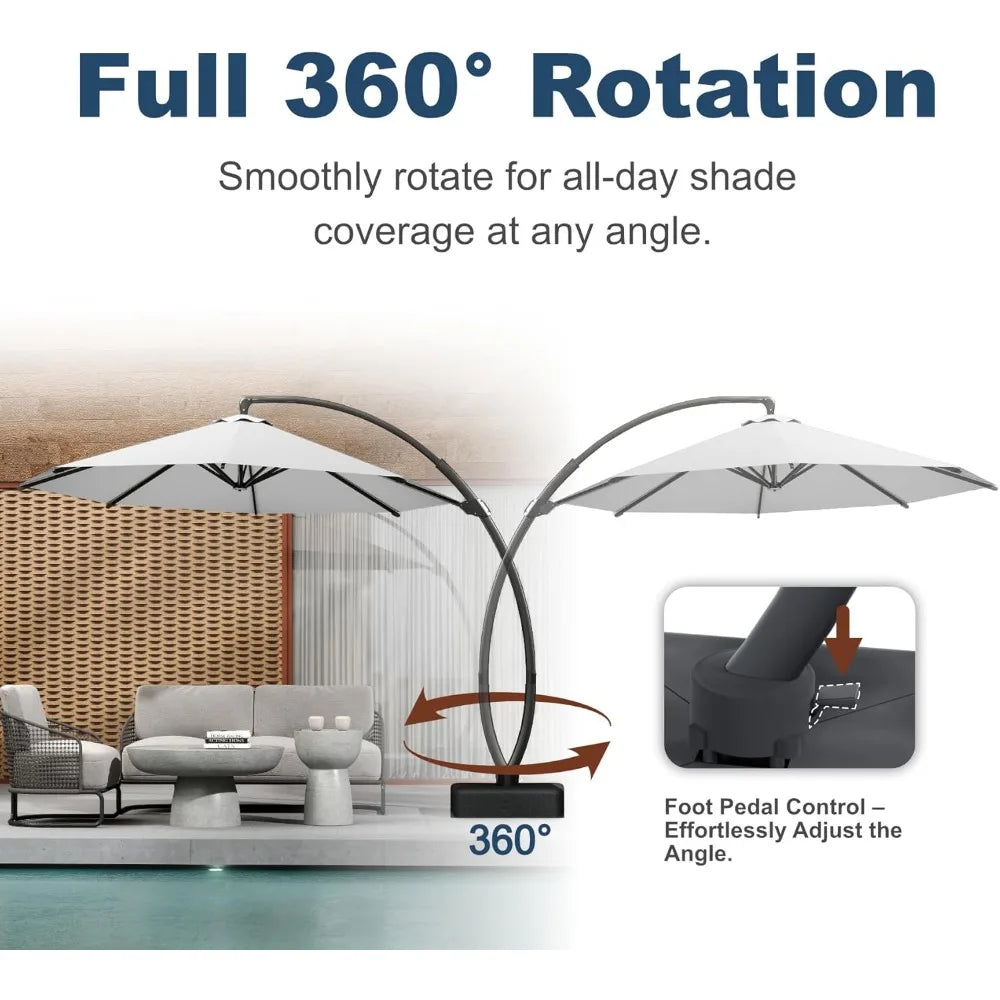 11FT Cantilever Umbrella with Base Large Curvy Outdoor Aluminum Offset Umbrella w/ 360° Rotation, UV Resistant Canopy for Patio,