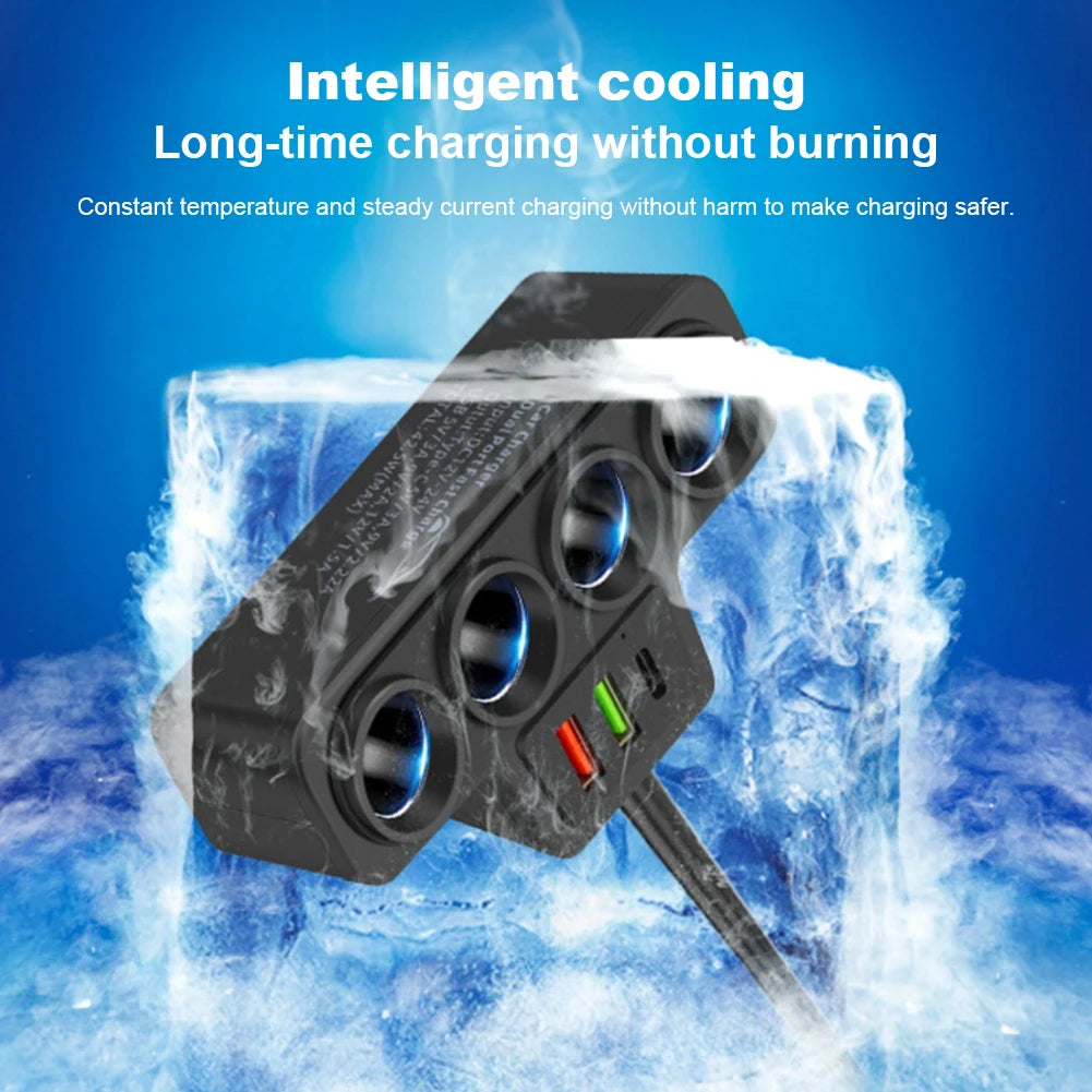 Fast Charger Plug QC3.0+PD 3.1A 12V-24V Phone Power Adapter 4-Socket 120W Car Cigarette Lighter Socket Splitter Plug 3 USB Ports