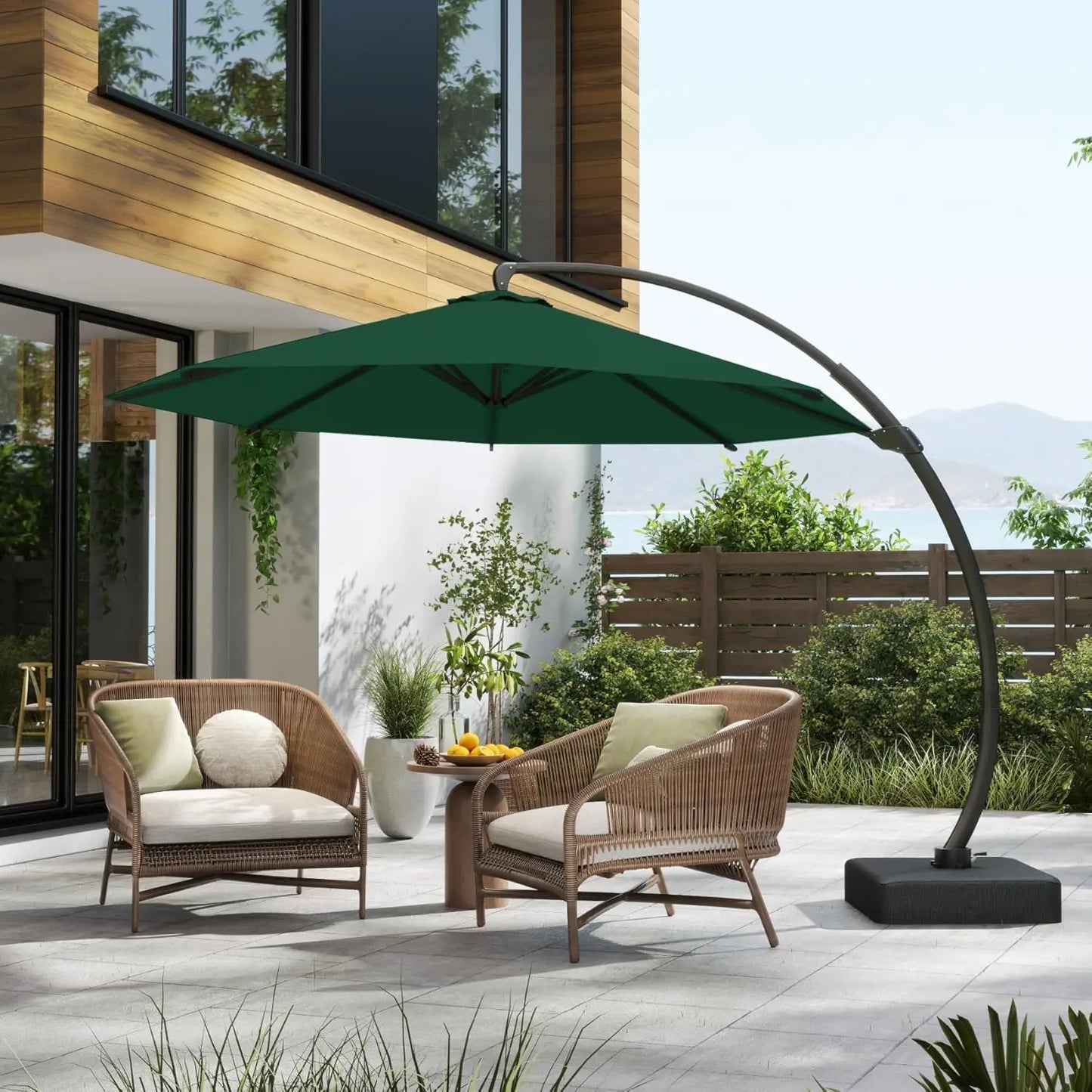 11FT Cantilever Umbrella with Base Large Curvy Outdoor Aluminum Offset Umbrella w/ 360° Rotation, UV Resistant Canopy for Patio,