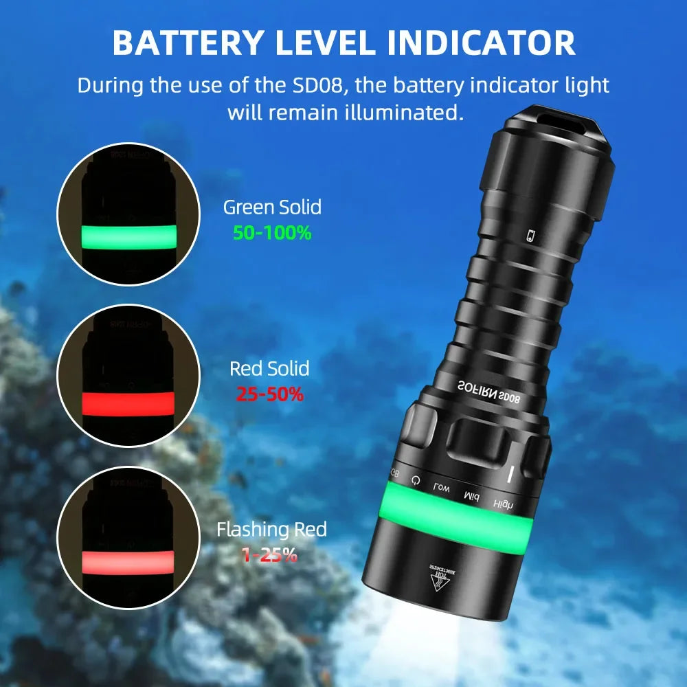 Sofirn SD08 Scuba 3200lm Diving Flashlight SST70 LED 21700 Rechargeable Torch With 360° RGB light underwater positioning