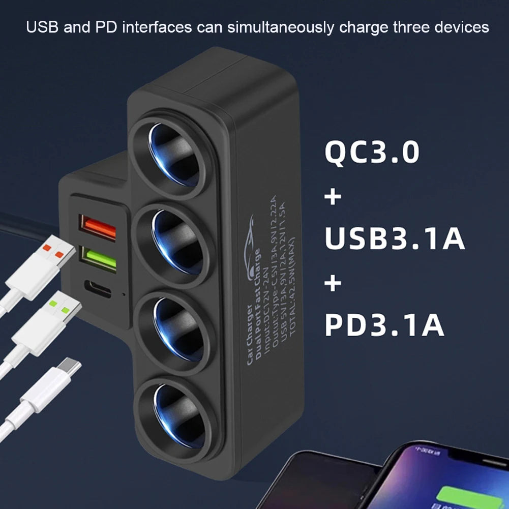 Fast Charger Plug QC3.0+PD 3.1A 12V-24V Phone Power Adapter 4-Socket 120W Car Cigarette Lighter Socket Splitter Plug 3 USB Ports