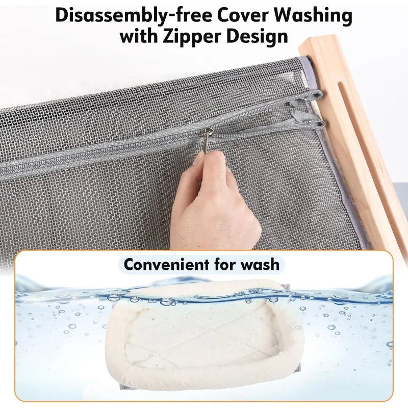 Cat Sill Window Perch Sturdy Hammock Window Seat with Cushion Bed Cover, Wood & Metal Frame for Large Cats, Easy to Adj