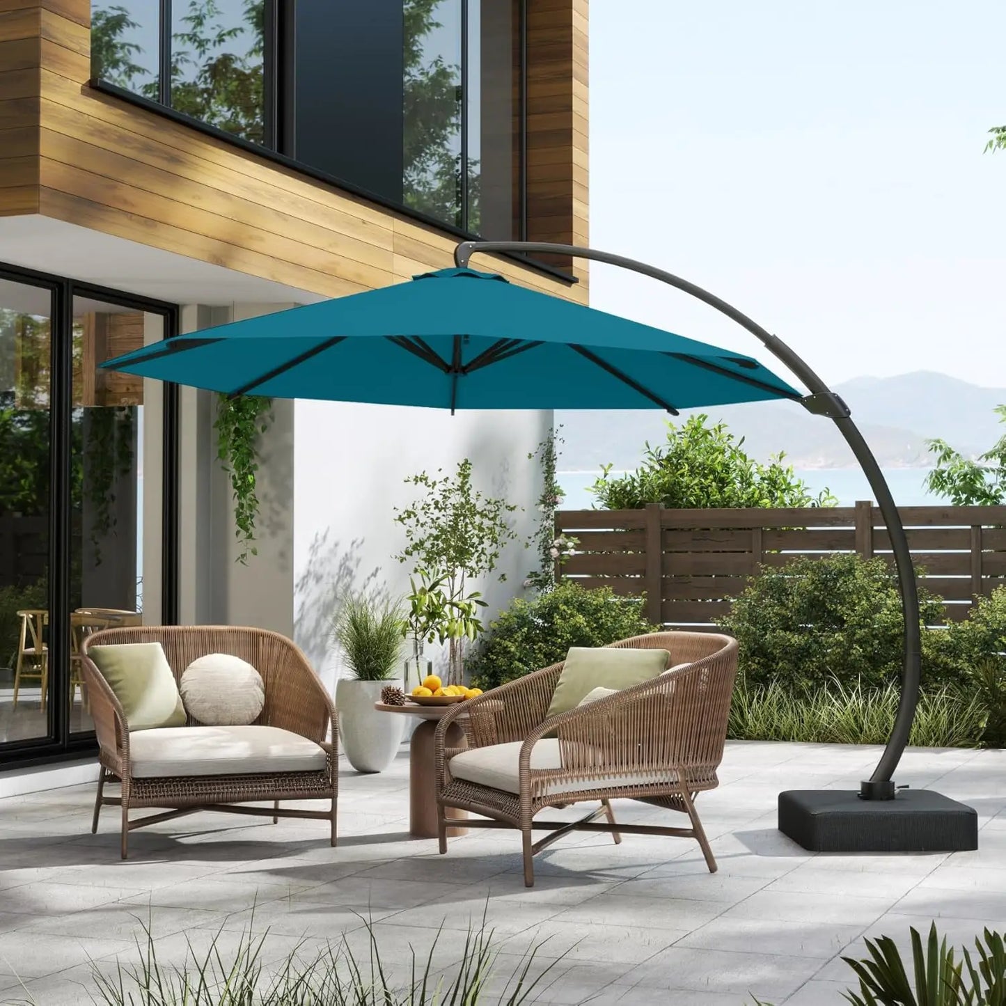 11FT Cantilever Umbrella with Base Large Curvy Outdoor Aluminum Offset Umbrella w/ 360° Rotation, UV Resistant Canopy for Patio,