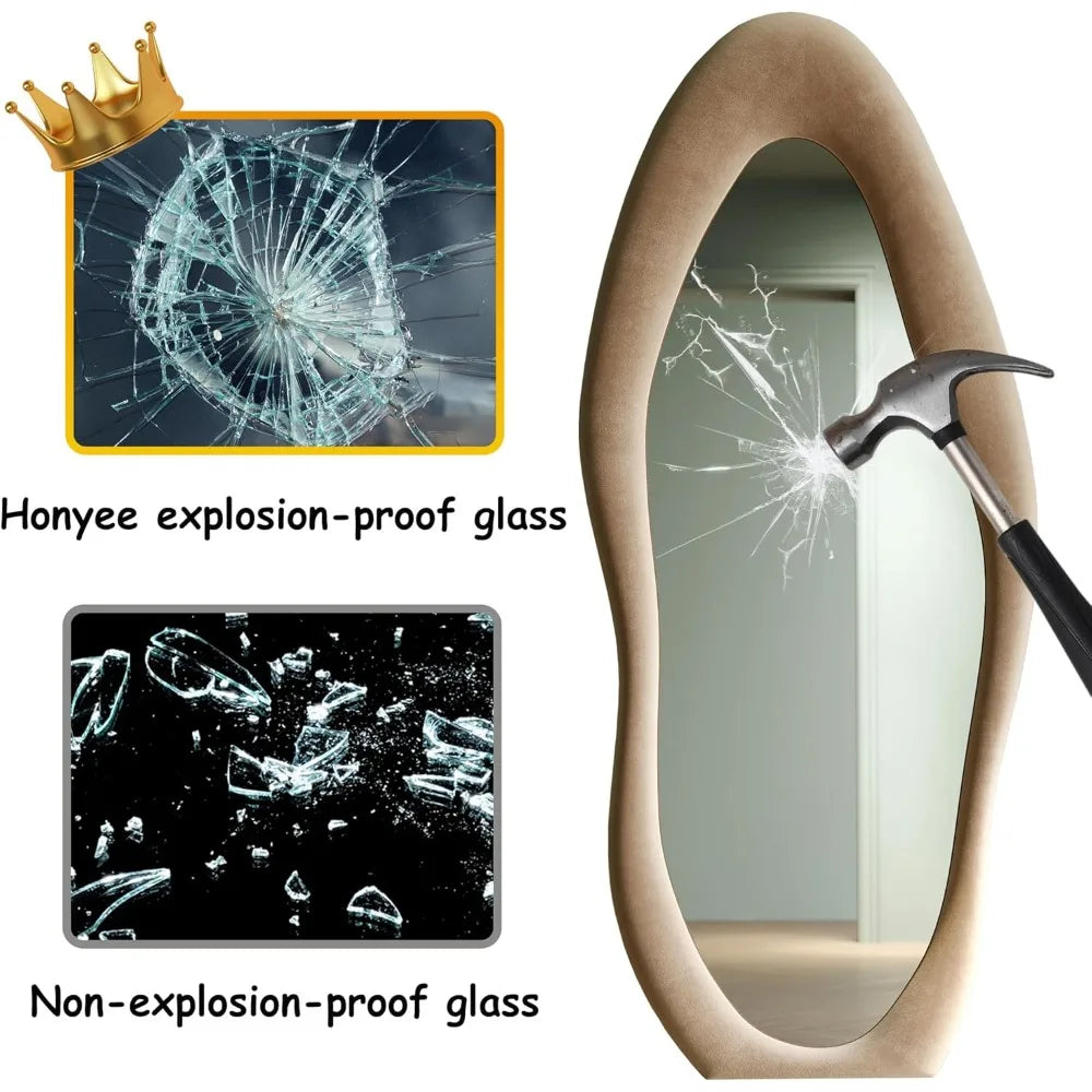 63x24 inch full-length mirror, irregular wave mirror hanging or leaning against the wall in the dressing room/bedroom