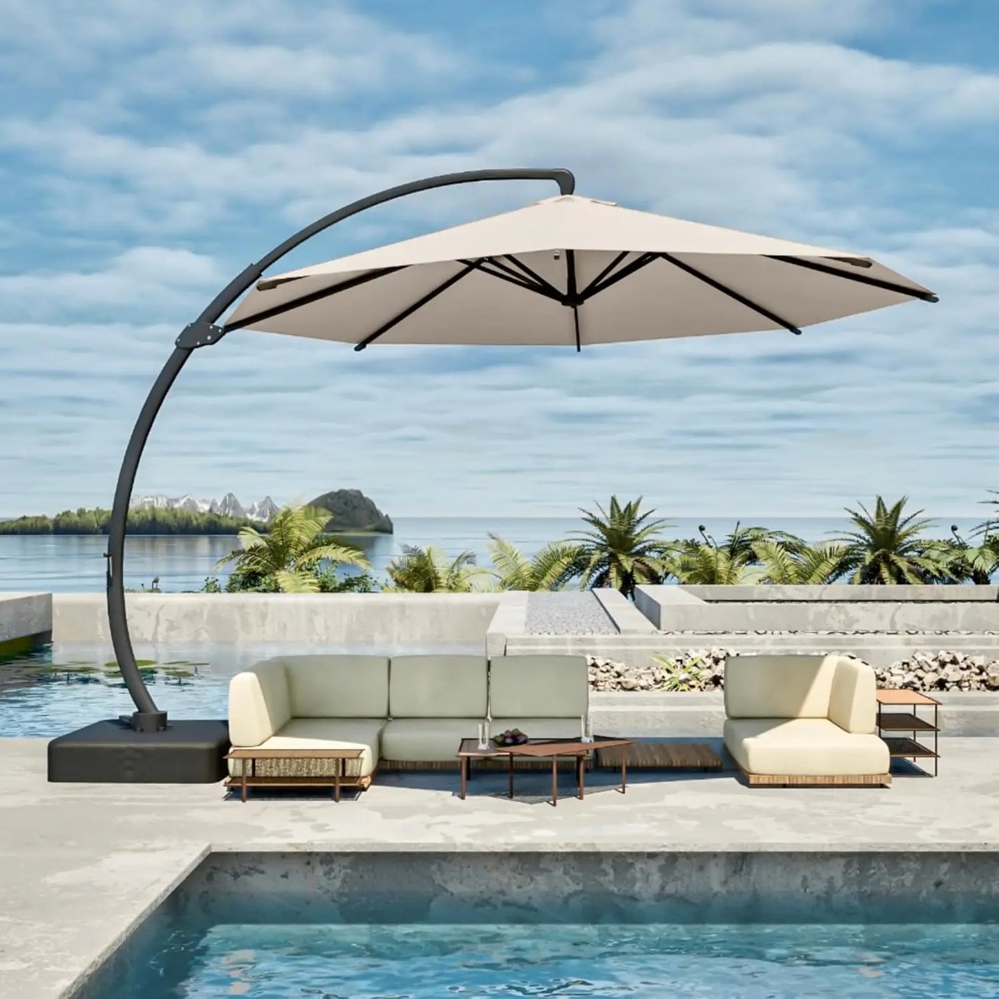 11FT Cantilever Umbrella with Base Large Curvy Outdoor Aluminum Offset Umbrella w/ 360° Rotation, UV Resistant Canopy for Patio,