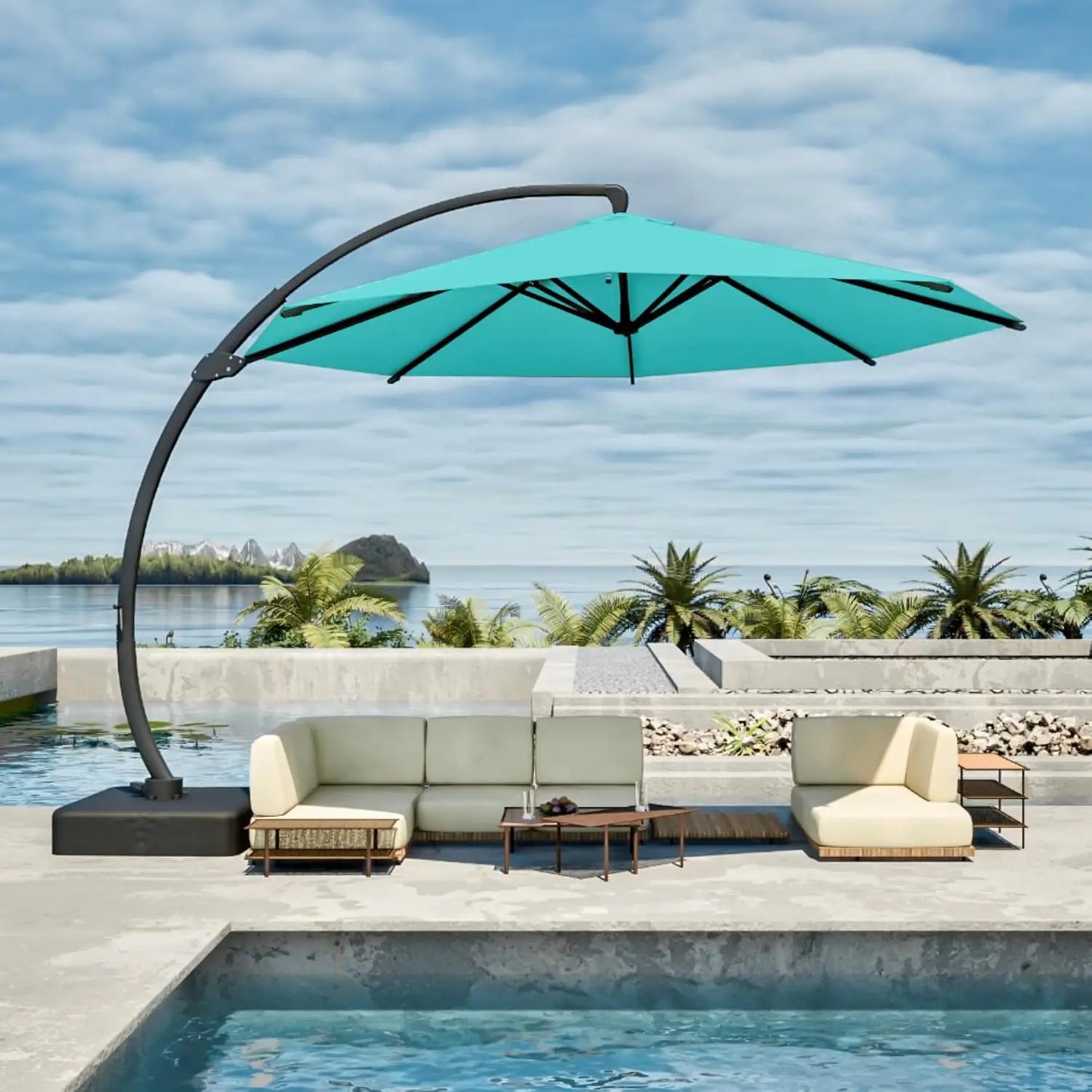 11FT Cantilever Umbrella with Base Large Curvy Outdoor Aluminum Offset Umbrella w/ 360° Rotation, UV Resistant Canopy for Patio,