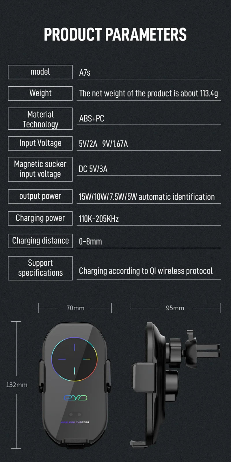 2025 Newest A7S 5/7.5/10W Wireless Charger Magnetic Dashboard Car Phone Holder For iPhone 13 12 11 Pro Xiaomi Huawei Samsung