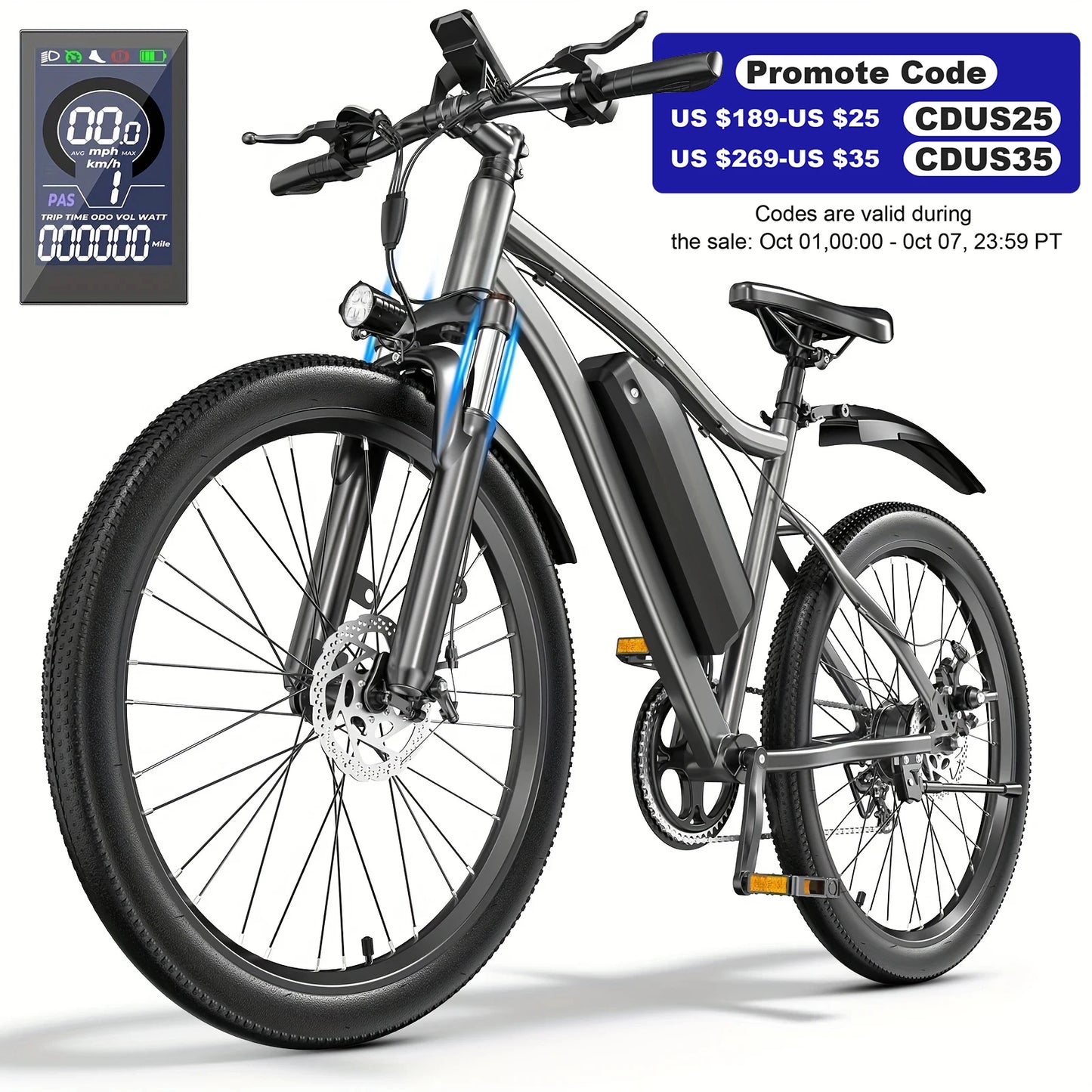 Electric Bike for Adults, 26" Commuter Ebikes with 5-Level Pedal Assist & 7-Speed Gears, 25MPH, 720W Motor, 375Wh Battery, 50 Mi